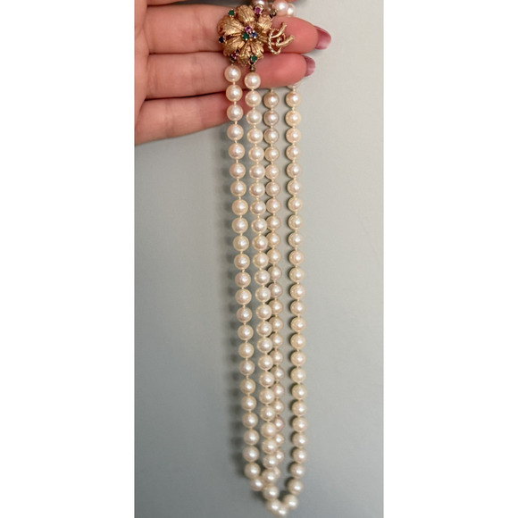 Vintage 14K Yellow Gold 2 Strand Pearl Ruby Sapphire Emerald Flower Necklace